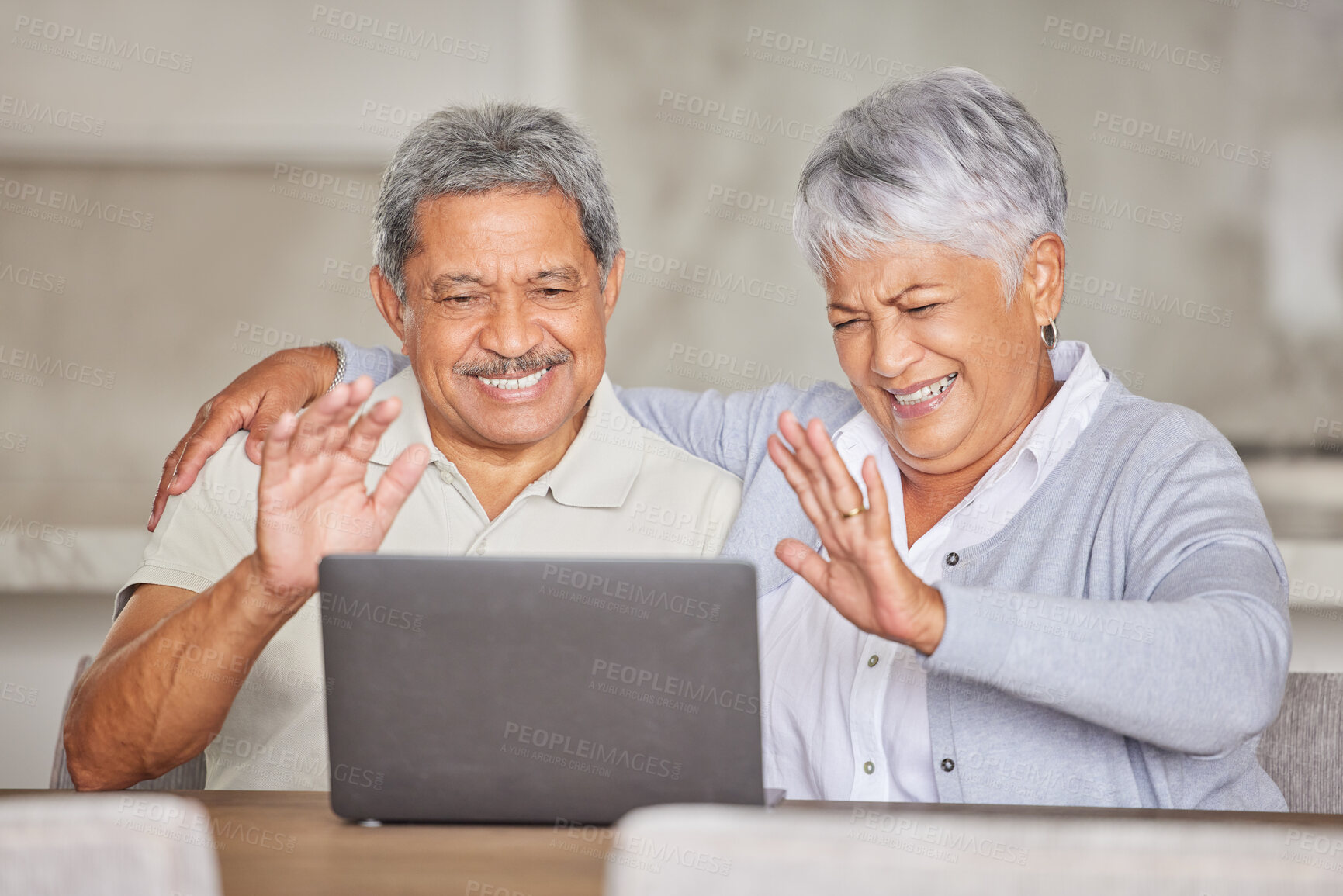 Buy stock photo Video call, laptop and senior couple networking online with home wifi looking relax, happy and healthy in retirement. Virtual zoom communication elderly people and woman for global love connection