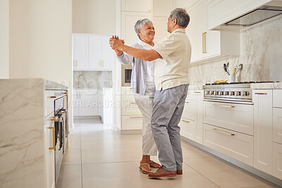 Buy stock photo Senior couple dance, kitchen and elderly love of people spending quality time together at home. Happy retirement of a woman and man from Mexico dancing in their house with a smile and happiness