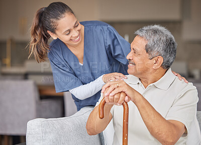 Buy stock photo Healthcare, kindness and support with nurse helping elderly patient in assisted living home, smile and content. Happy senior man bonding with a friendly caregiver, talking and laugh together on sofa