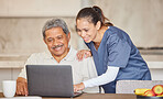 Happy nurse help older man with a laptop, showing how to make a video call or search the internet in an assisted living home. Senior patient enjoying time with healthcare worker, reading the news  