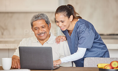 Buy stock photo Happy nurse help senior man with laptop, showing how to make a video call or search the internet in an assisted living home. Senior patient enjoying time with healthcare worker, reading online news  
