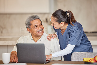 Buy stock photo Healthcare, trust and nurse help patient on laptop, reading email, good news or positive results in kitchen. Young health care worker looking happy about diagnosis, showing man how to use online app