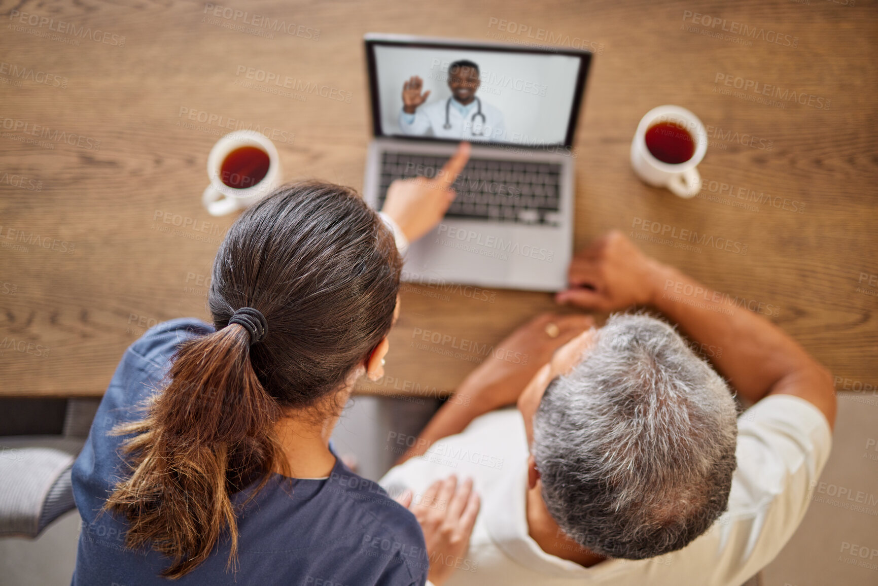 Buy stock photo Telehealth doctor, video call laptop and patient consulting, help advice and virtual healthcare, medicine service and expert feedback. Above of people talking to online clinical surgeon over internet