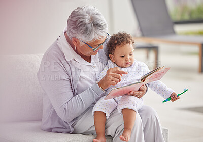 Buy stock photo Family, book and reading with grandma and baby relax on sofa in the morning for story, learning and happiness. Love, happy and education with grandmother and girl with story for care, creative or joy
