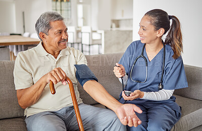 Buy stock photo Blood pressure, senior man or nurse in healthcare, medical wellness or insurance check. Happy, trust or consulting medicine worker or caregiver on nursing home sofa with retirement disability elderly
