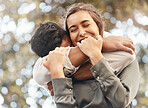Couple smile, love and hug in outdoor, happy in marriage and support in forest together. Happy face of man and woman, embrace and relax with safety, trust and smile on romantic date in a park
