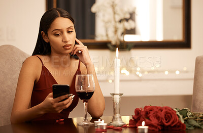 Buy stock photo Wine, restaurant and sad woman with smartphone on date app waiting for communication. Serious, unhappy or angry girl fine dining alone with her cellphone reading bad or fail message on valentines day