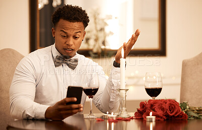 Buy stock photo Confused, angry and phone fail of a date of a black man waiting at a restaurant table. Internet 5g video call of a guy using smartphone to ask a why question and check late time on Valentines Day