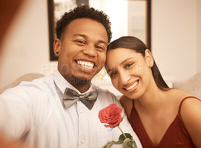Buy stock photo Selfie, smile and happy black man and woman on date in formal fashion excited for party or restaurant dinner. Portrait of African American couple in evening clothes smiling on romantic supper event