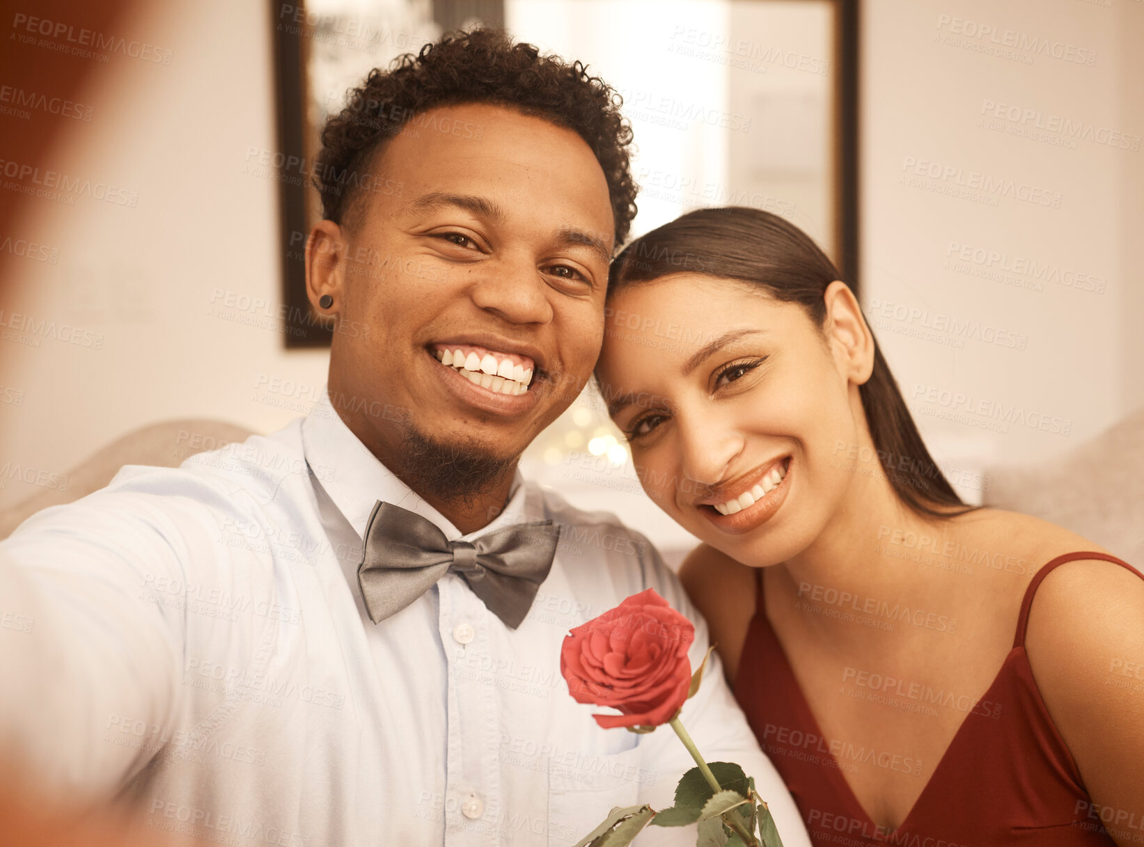 Buy stock photo Selfie, smile and happy black man and woman on date in formal fashion excited for party or restaurant dinner. Portrait of African American couple in evening clothes smiling on romantic supper event