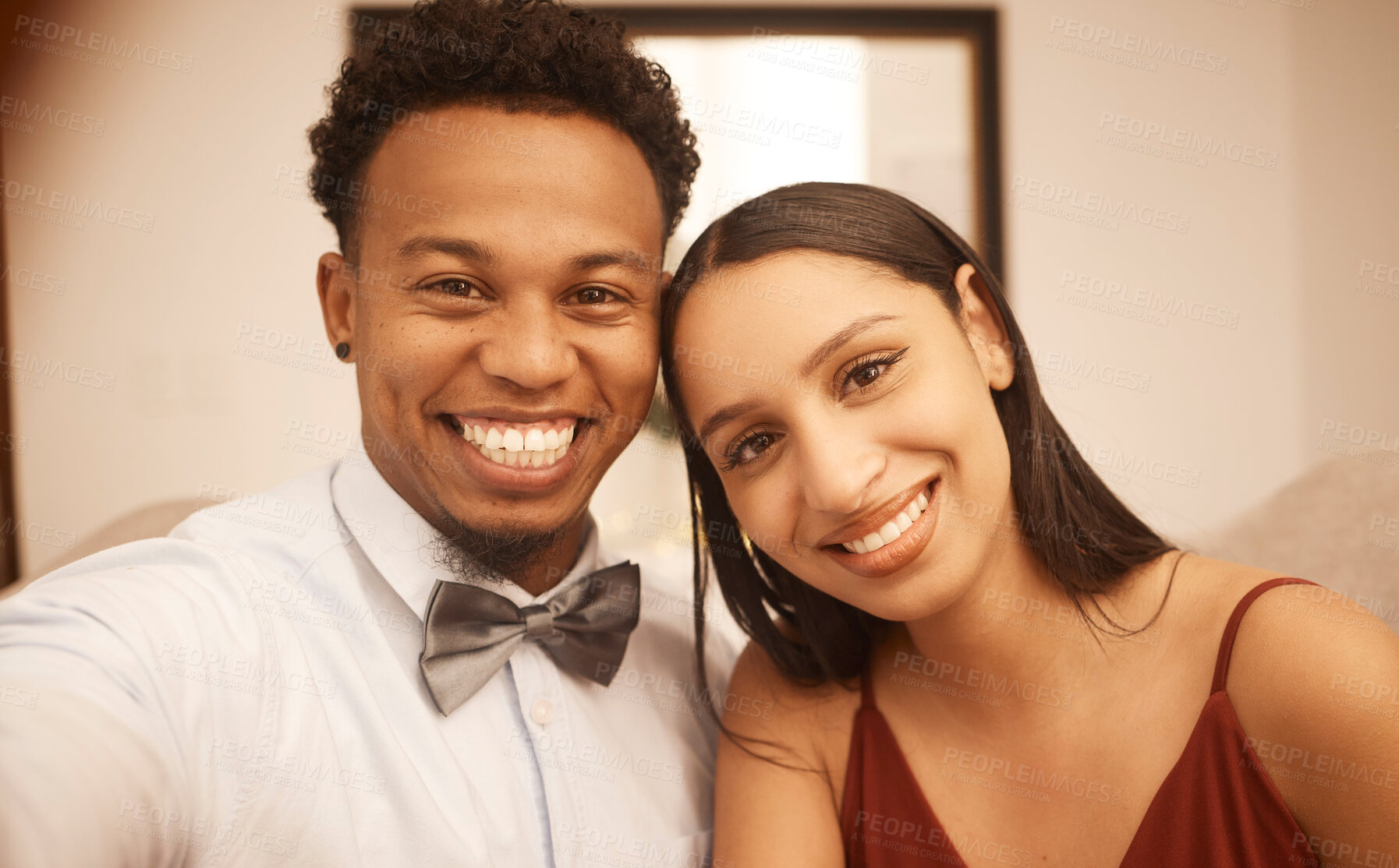 Buy stock photo Couple love, happy to take selfie before date in formal fashion excited for party or dinner together. African man with woman smile in evening dress, going to work event or celebration at restaurant