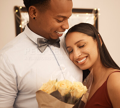 Buy stock photo Love, hug and flowers with couple on date for anniversary, valentines day or celebration together. Embrace, gift and happy with young man giving roses to girlfriend in a romantic relationship 