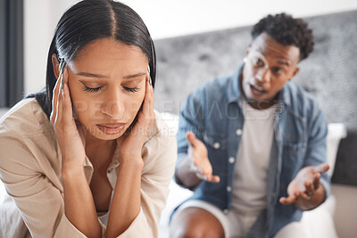 Buy stock photo Couple fight, divorce stress and sad about mental health depression, anxiety from fear and tired of marriage problem in bedroom of home. Woman with headache in conflict with angry man in house