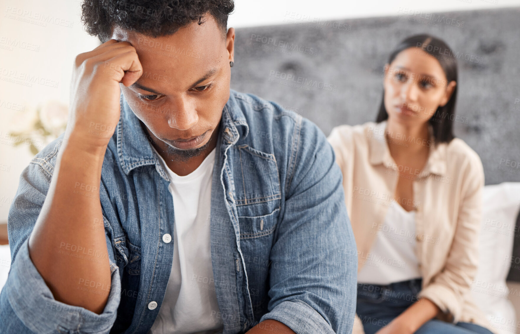 Buy stock photo Problem, fight and depressed couple argue in bedroom at home together for cheating, divorce or mental health. Angry, sad or fail with frustrated man ignoring woman in toxic relationship