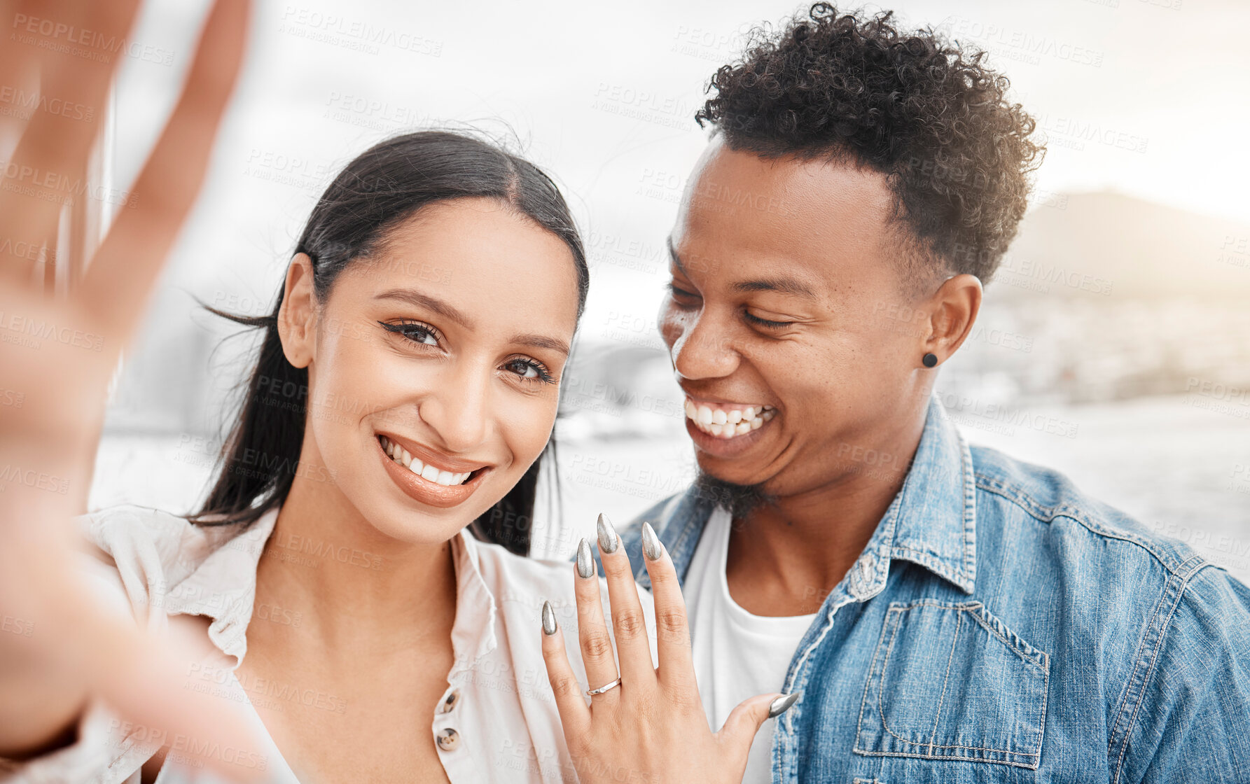 Buy stock photo Couple selfie, wedding or engagement ring, jewelry on hand or engaged announcement. Romance face portrait, love or commitment of happy married man and woman in nature, outdoors or outside celebrating