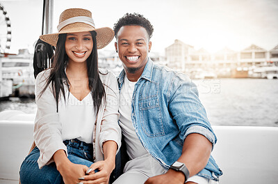 Buy stock photo Couple, love and yacht with a man and woman on a date on the sea or ocean with the city, harbor or promenade in the background. Dating, romance and affection with a diverse male and woman outdoor