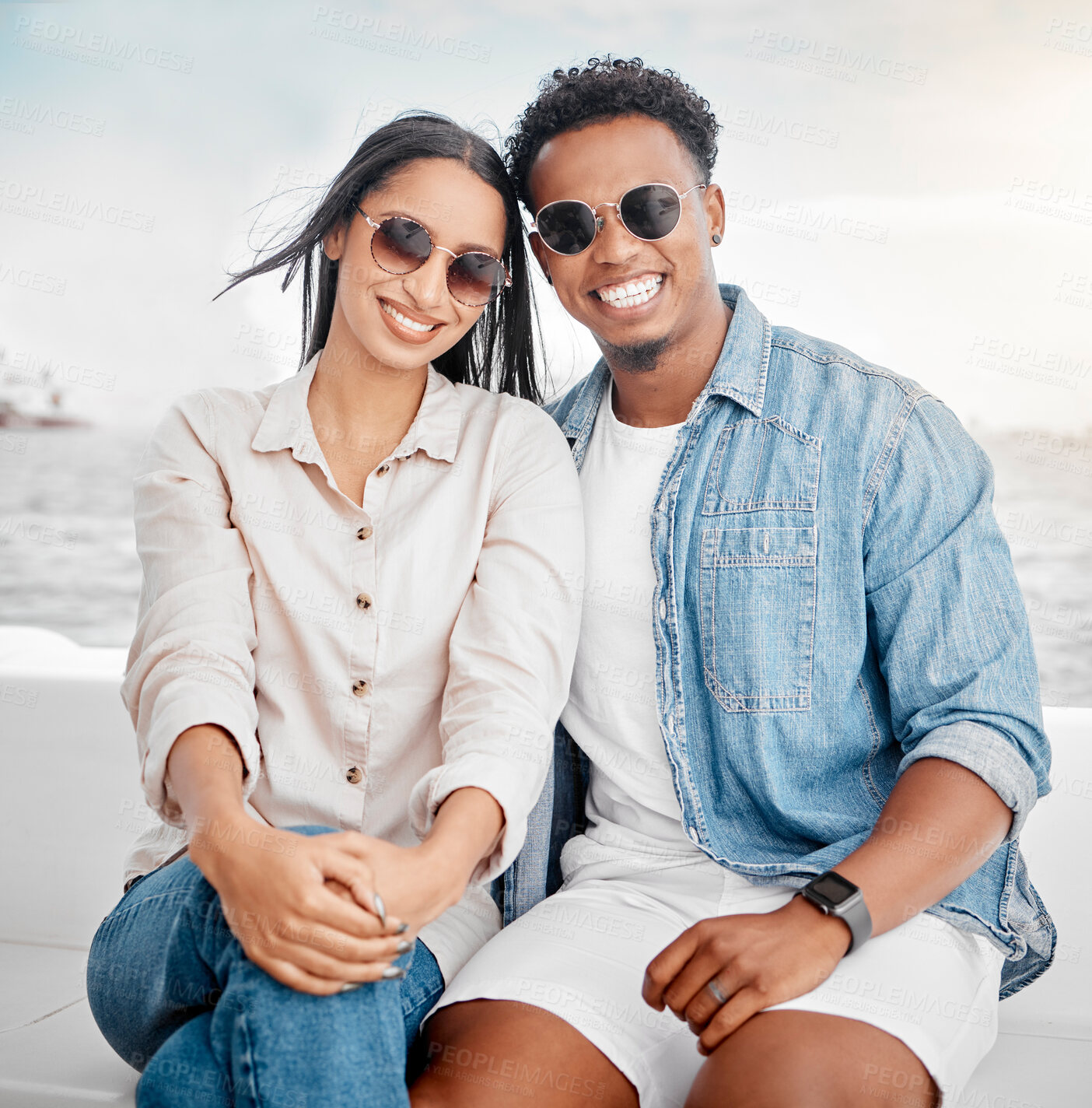 Buy stock photo Sunglasses, summer and couple portrait at the beach for holiday, vacation with casual fashion style. Gen z or millennial woman, man or people smile together with ocean, sea and clear sky mock up