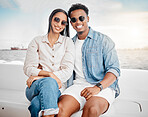 Happy couple on yacht, summer sea travel and monaco ocean in blue sky. Luxury vacation trip to relax, woman with beautiful smile and young rich man with fashion sunglasses in sunshine together