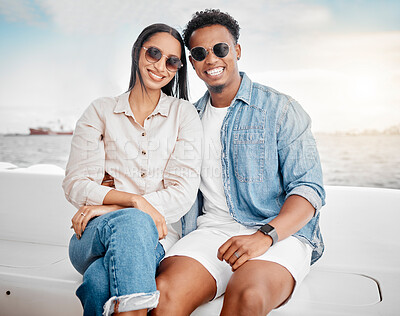 Buy stock photo Happy couple on yacht, summer sea travel and monaco ocean in blue sky. Luxury vacation trip to relax, woman with beautiful smile and young rich man with fashion sunglasses in sunshine together