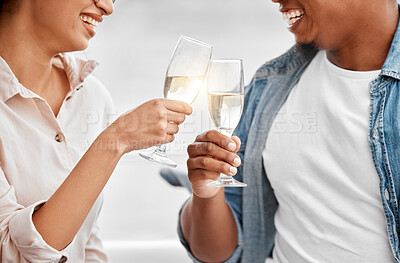 Buy stock photo Celebrate, toast and couple with champagne for anniversary, date or luxury travel vacation together. Love, cheers and happy hands of man and woman holding glass of wine for joy, drink and event