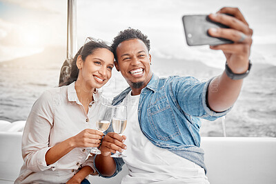 Buy stock photo Couple, selfie and toast on a yacht with a phone for celebration, anniversary and luxury together. Champagne, happy and sailing with young man and woman, smile for a picture for summer holiday