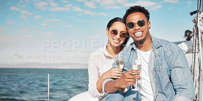 Buy stock photo Couple with sunglasses on luxury yacht travel, champagne outdoor rich experience and ocean summer holiday. Young woman happy on vacation, man with rich smile and wealth lifestyle at sea together