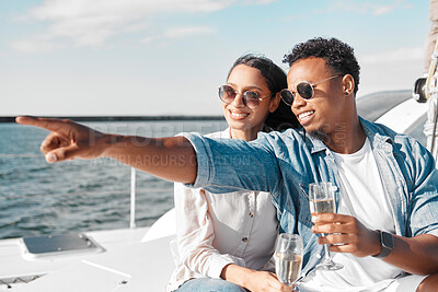 Buy stock photo Boat, yacht and couple with champagne in the summer sun and sea to celebrate love together. Happy smile of people by ocean water, blue waves and sunshine in nature for a anniversary celebration 