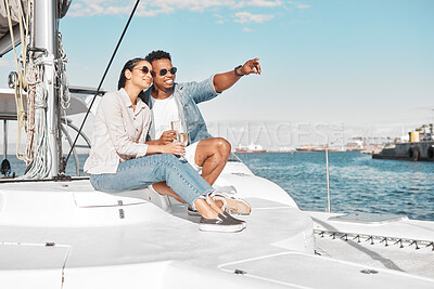Buy stock photo Couple, love and yacht with a man and woman out at sea or on the ocean for romance and a luxury date or cruise. Happy, trust and care with a young male and female on a boat in the water together