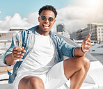 Black man, yacht or champagne in celebration, fun or success as new millionaire in Monaco city. Portrait, smile or happy fashion person on luxury boat or relax ship for summer party with drink glass 