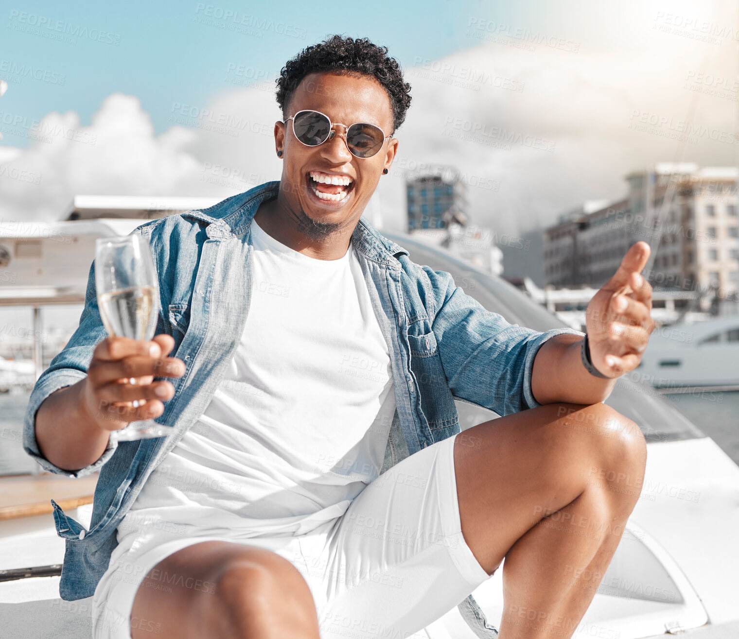 Buy stock photo Black man, yacht or champagne in celebration, fun or success as new millionaire in Monaco city. Portrait, smile or happy fashion person on luxury boat or relax ship for summer party with drink glass 