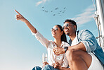 Couple travel, champagne drink and blue sky on date in nature, wine on wedding holiday in Greece and happy in celebration of marriage on vacation. Man and woman relax with glass of alcohol in summer