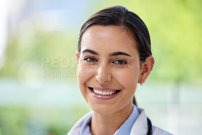 Buy stock photo Face, smile and happy woman inside on a green background with a positive attitude of motivation and success. Portrait of an attractive, young and happy female standing on a blurred backdrop