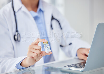 Buy stock photo Healthcare, covid and vaccine by doctor research on laptop, planning and medical study in an office. Innovation, science and cure by woman health care professional schedule doctor appointment online