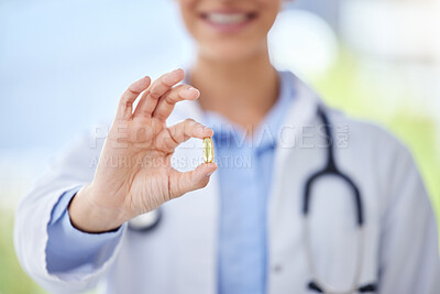 Buy stock photo Healthcare, medicine and pills in a hand of a doctor working in a hospital for health, wellness and insurance. Medical medication and antibiotic in the hands of a healthcare practitioner in a clinic