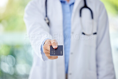 Buy stock photo Medical credit card, insurance and doctor hand in financial support, trust and paperless payment with bokeh. Professional healthcare worker and finance solution clinic, pharmacy or hospital purchase