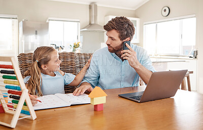 Buy stock photo House, kid study and working dad using phone doing child care and remote work. Family home of a man helping his girl with school learning help while on a corporate business call by a computer