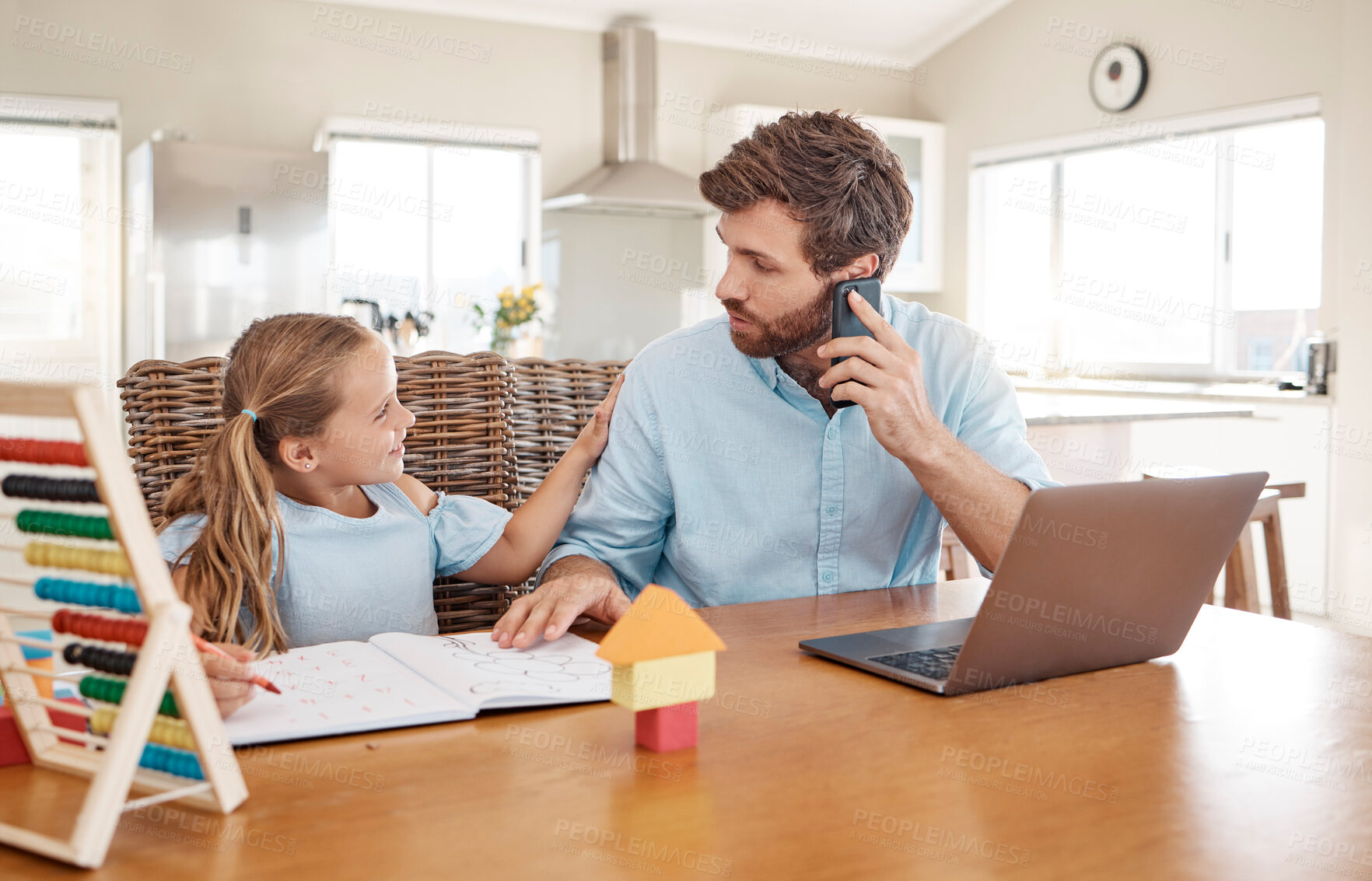 Buy stock photo House, kid study and working dad using phone doing child care and remote work. Family home of a man helping his girl with school learning help while on a corporate business call by a computer