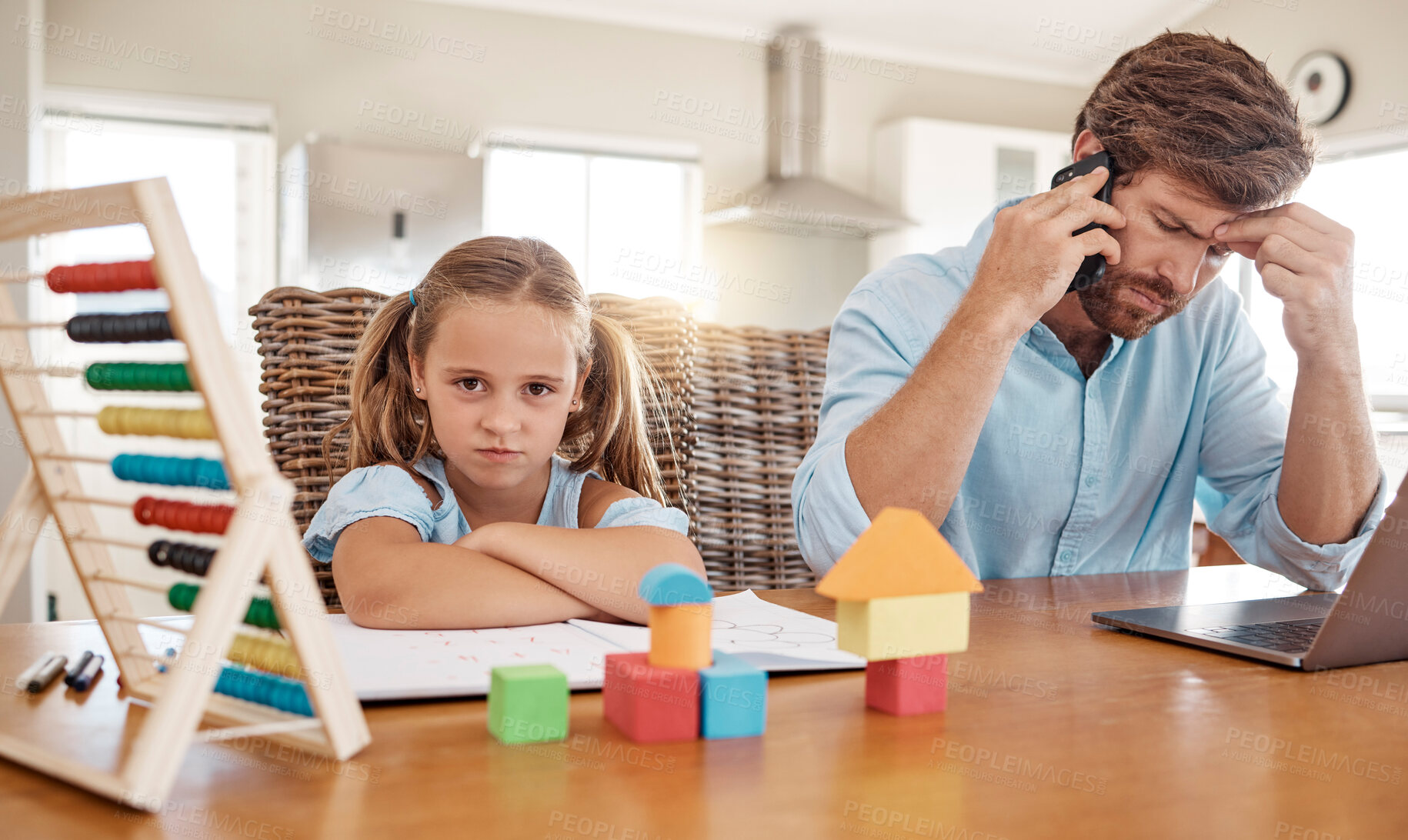 Buy stock photo Girl with homework angry, father stress for remote work or online task on laptop in living room. Child upset as dad working from home on internet, kid wants attention or time to play as family
