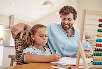 Buy stock photo Student, writing and learning girl with dad teacher help with  math problem homework solution together in living room. Happy homeschool class dad or father teaching kid abacus and numbers education