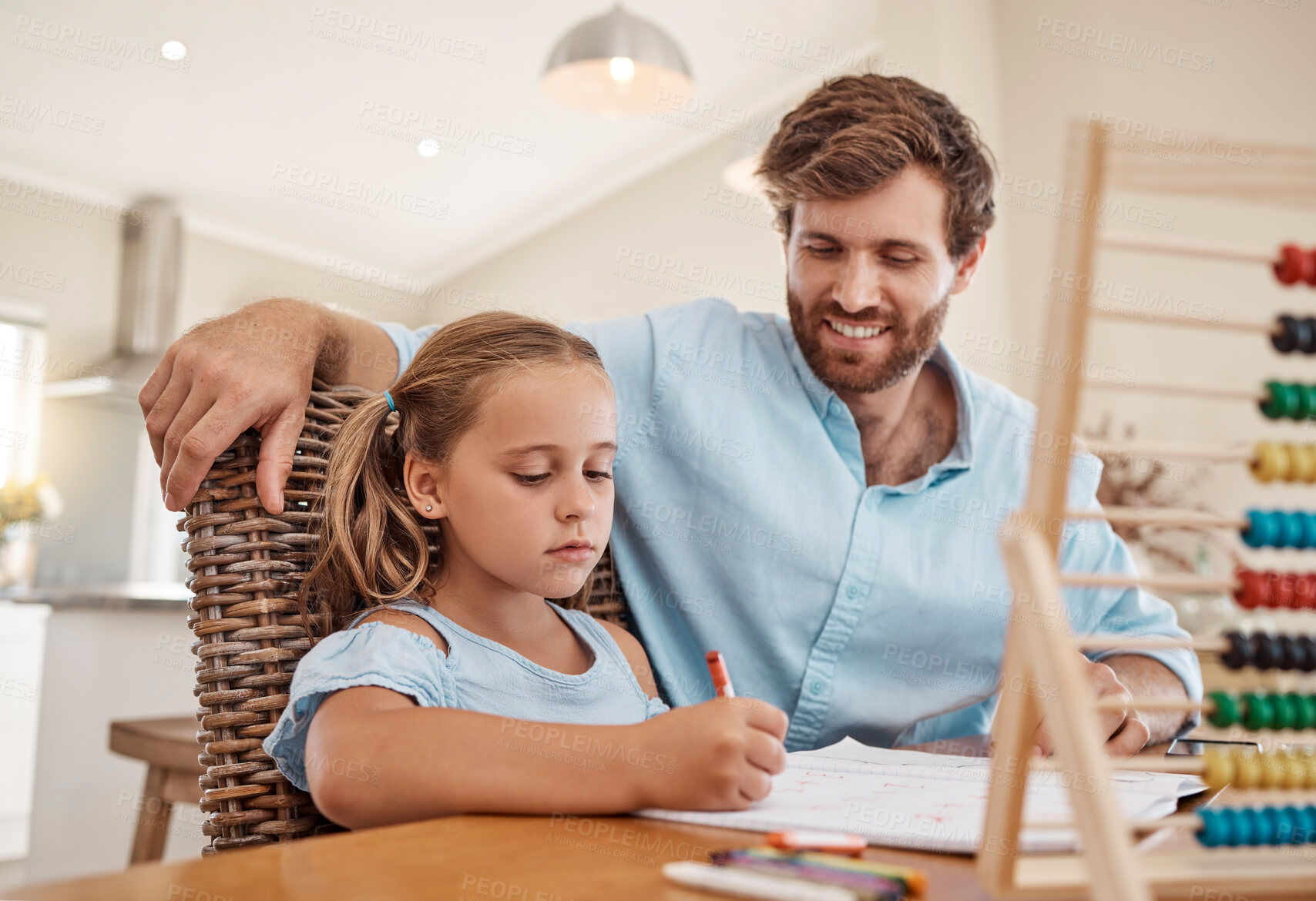 Buy stock photo Student, writing and learning girl with dad teacher help with  math problem homework solution together in living room. Happy homeschool class dad or father teaching kid abacus and numbers education