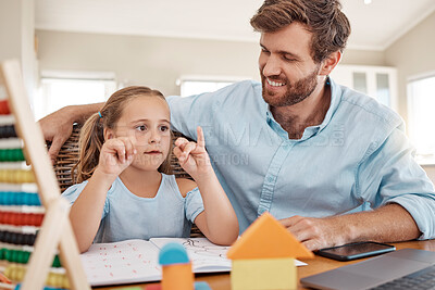 Buy stock photo Education, family and e learning with father and child for kindergarten, homeschooling or knowledge at home. Online, preschool and remote young girl and dad with homework, study or internet