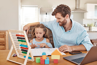 Buy stock photo Math, school work and family learning for education together, working on knowledge and help with project at table in house. Girl and father counting on fingers with books and studying in home