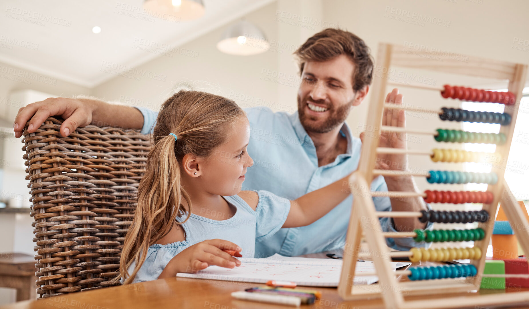 Buy stock photo Learning, child and homework with father and daughter giving high five to celebrate achievement, development and support while sitting st home. Happy man help an elementary girl with her math work