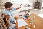 Video call, education and learning with a girl, father and teacher in a remote meeting on a laptop from home to attend a virtual class. Studying, technology and school with a man and daughter waving
