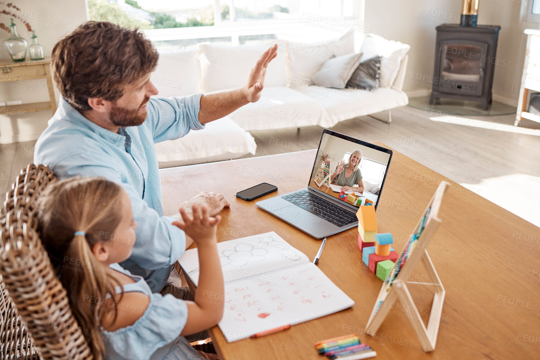 Buy stock photo Video call, education and learning with a girl, father and teacher in a remote meeting on a laptop from home to attend a virtual class. Studying, technology and school with a man and daughter waving