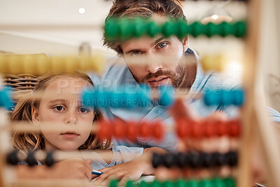 Buy stock photo Education, learning and abacus in family homeschooling of a father teaching daughter maths in order to count at home. Dad helping little girl in mathematics and arithmetics on a calculating tool