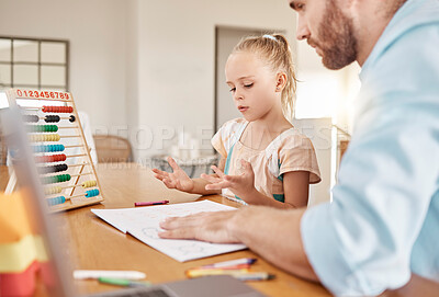 Buy stock photo Education, homeschooling and learning of a father and child teaching maths with abacus at home. Daughter counting on fingers with dad helping with homework in mathematics or problem solving activity