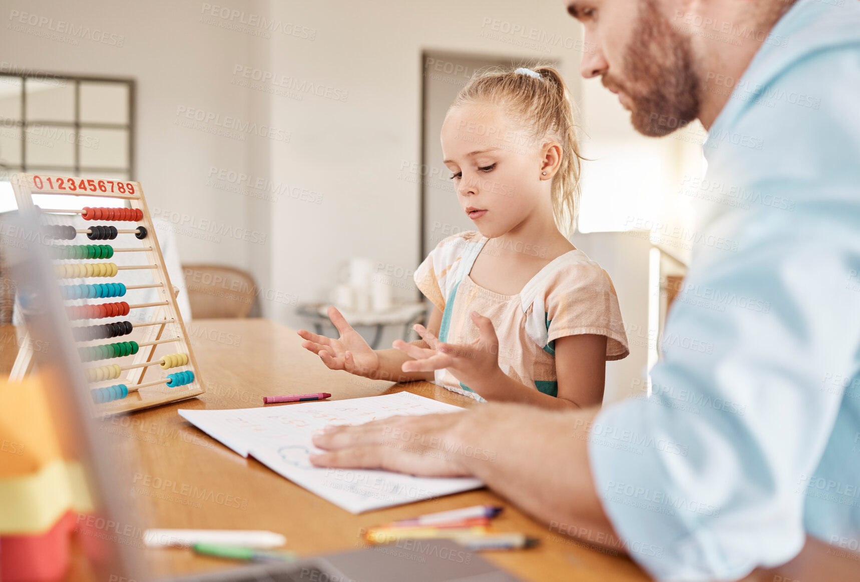 Buy stock photo Education, homeschooling and learning of a father and child teaching maths with abacus at home. Daughter counting on fingers with dad helping with homework in mathematics or problem solving activity