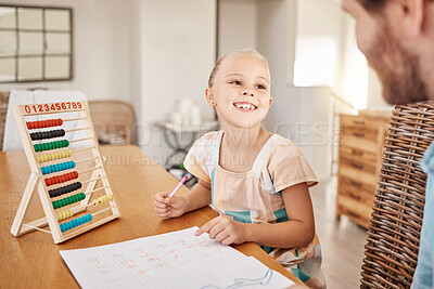 Buy stock photo Education, learning and numbers with father and child doing distance learning maths project at a table at home. Smile, happy and cheerful girl enjoying abacus counting and bonding with her parent