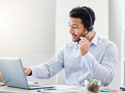 Buy stock photo Asian call center man, telemarketing and CRM consultation with customer service, contact us and support in office. Consultant, businessman and employee working with consulting, help and IT support.